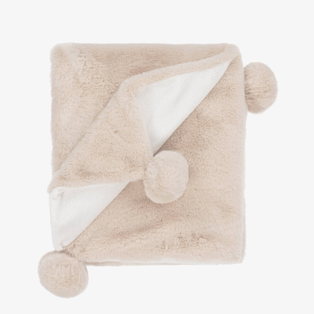 Mayoral Newborn-Beige Faux Fur & Pom-Pom Blanket (100cm) | Childrensalon Outlet