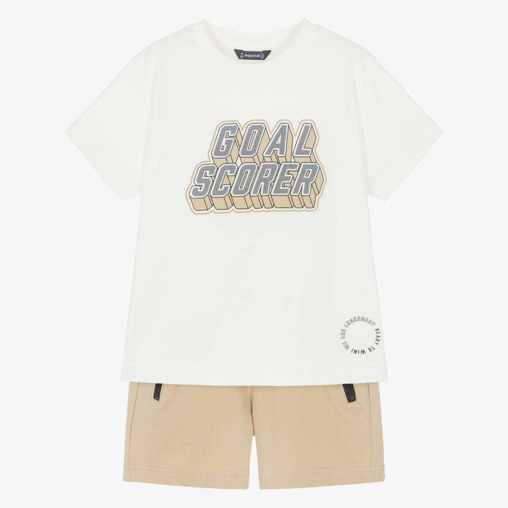 Mayoral-Beige Goal Graphic Shorts Set | Childrensalon Outlet