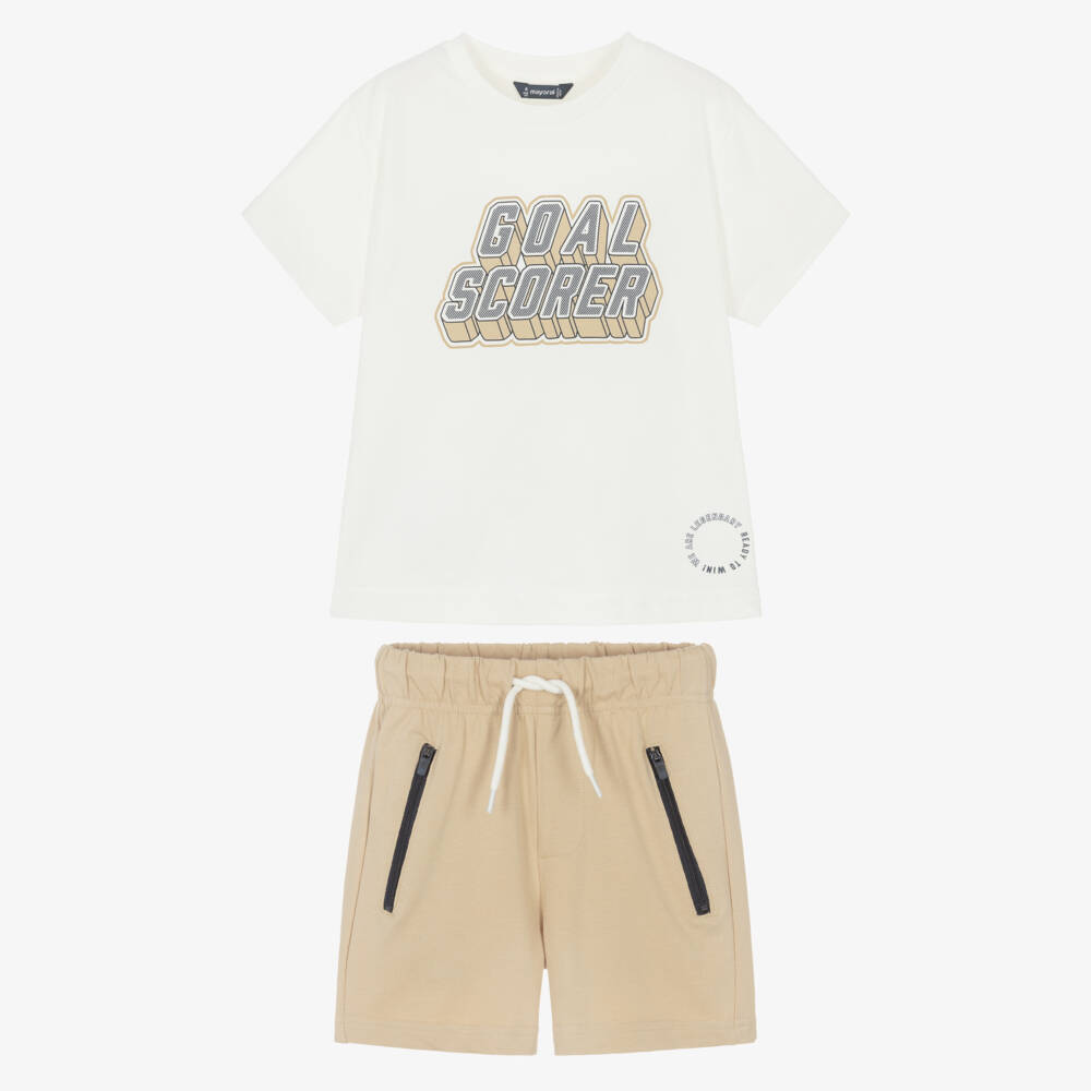 Mayoral-Beige Goal Graphic Shorts Set | Childrensalon Outlet