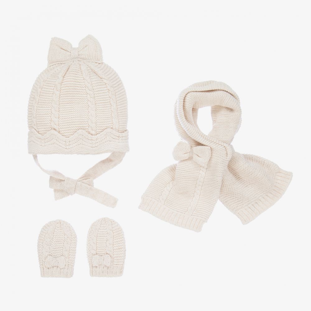 Mayoral Newborn - Ensemble bonnet, écharpe et moufles beige | Childrensalon