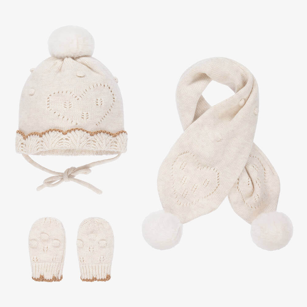 Mayoral Newborn-طقم قبعة وسكارف وقفازات قطن محبوك لون بيج | Childrensalon Outlet