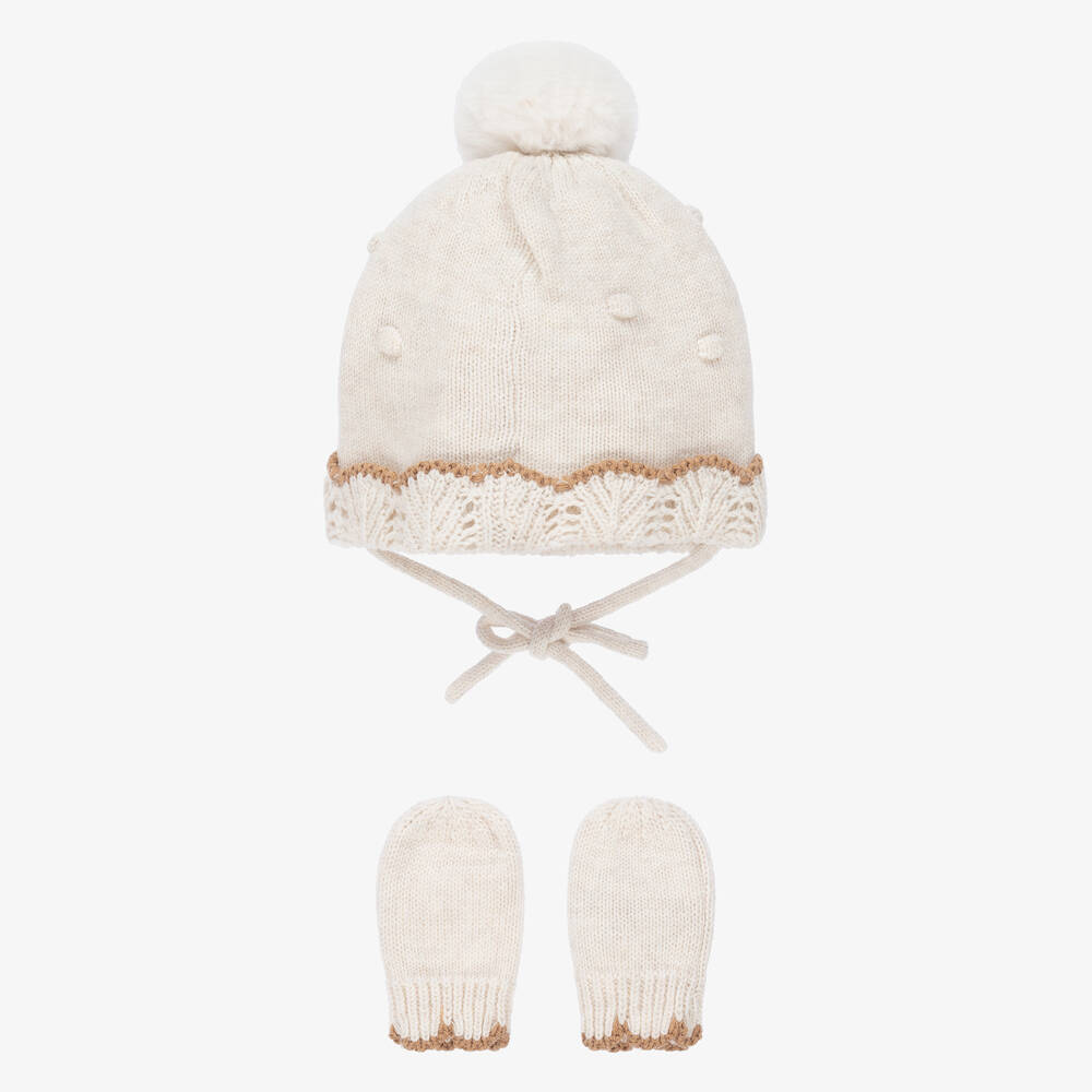 مايورال Newborn-طقم قبعة وسكارف وقفازات قطن محبوك لون بيج | Childrensalon Outlet