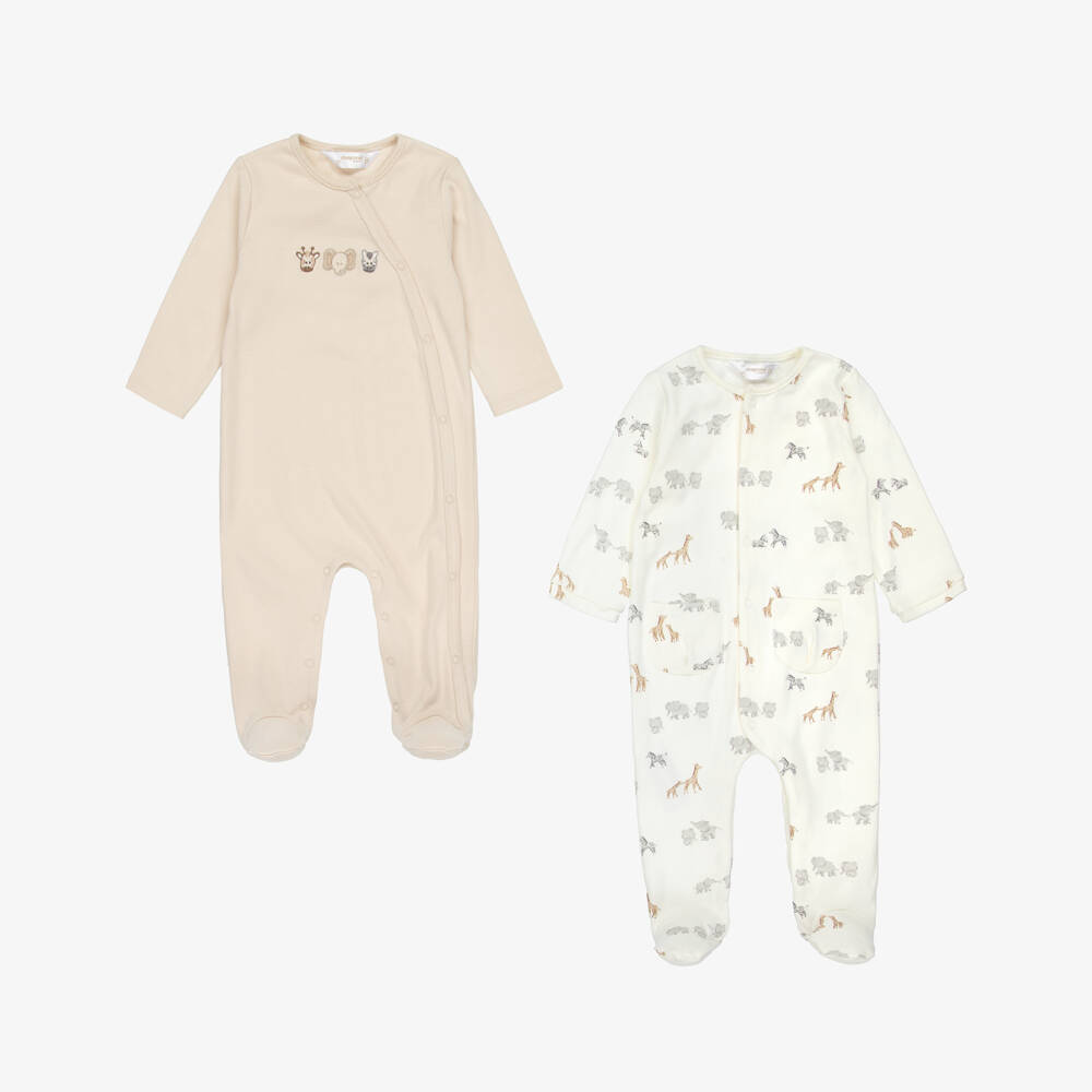 Mayoral Newborn-Beige & Ivory Cotton Safari Animal Babysuits (2 Pack) | Childrensalon Outlet