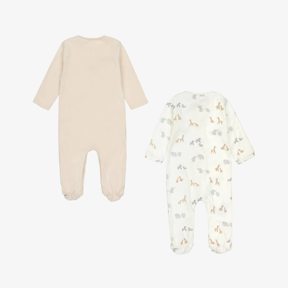 Mayoral Newborn-Beige & Ivory Cotton Safari Animal Babysuits (2 Pack) | Childrensalon Outlet