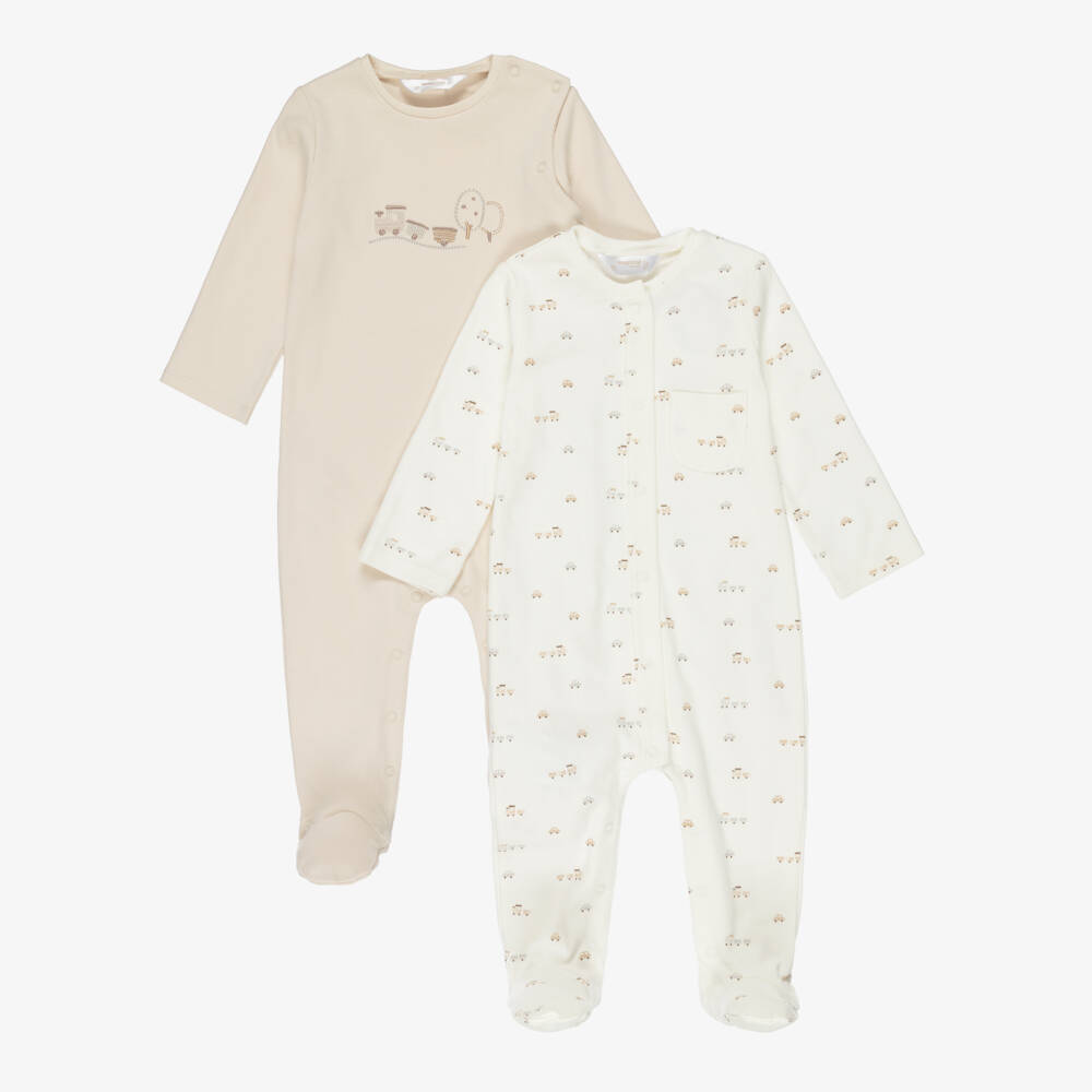 Mayoral Newborn-Beige & Ivory Cotton Train Babysuits (2 Pack) | Childrensalon Outlet
