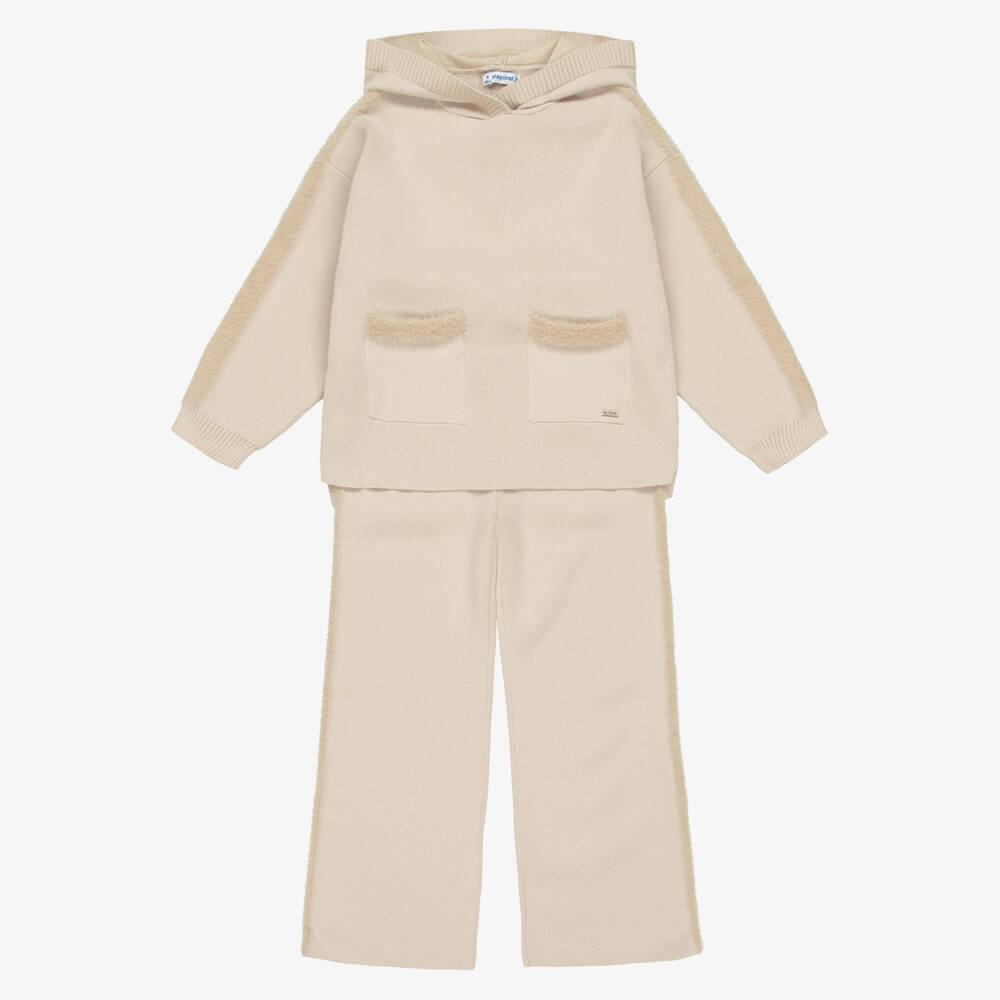 Mayoral-Beige Knitted Hooded Trouser Set | Childrensalon Outlet