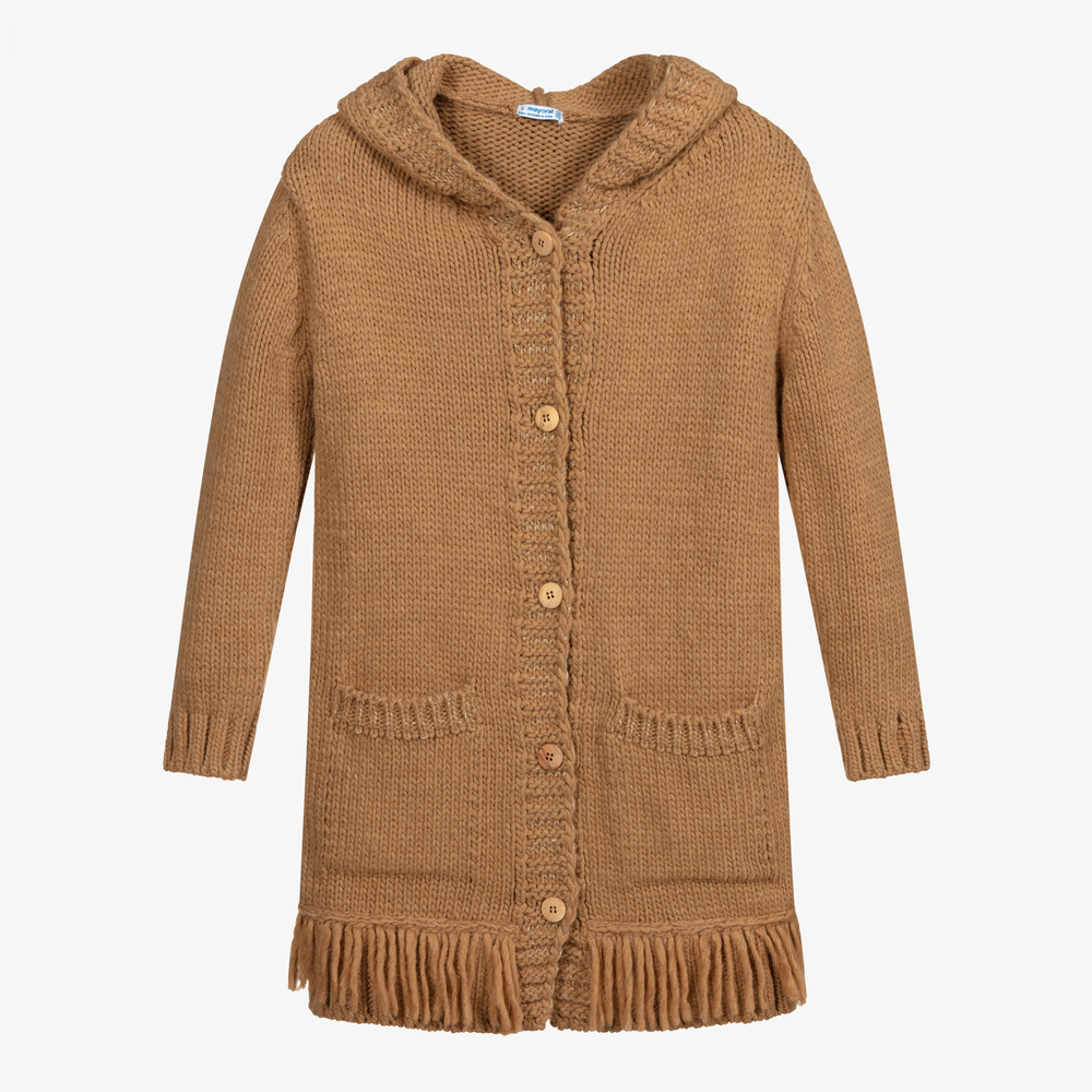 Mayoral-Beige Knitted Long Cardigan  | Childrensalon Outlet