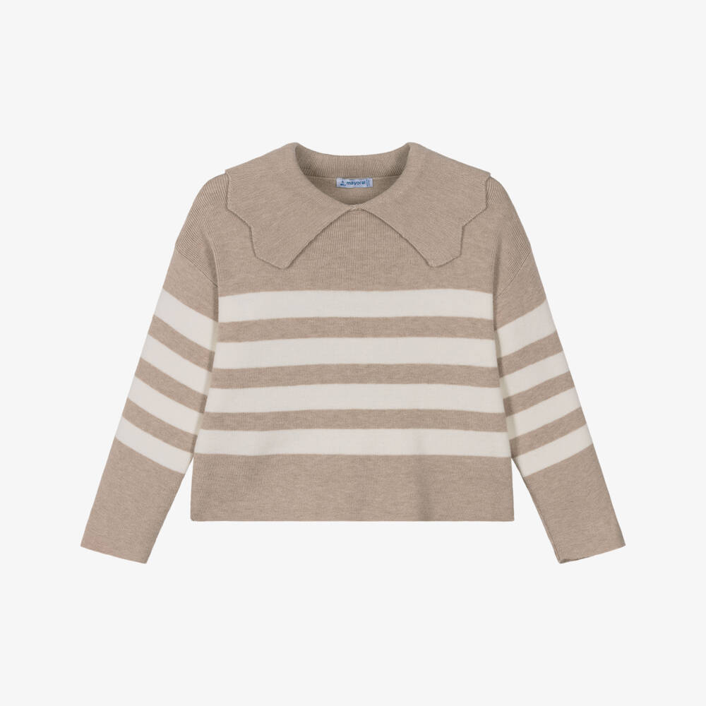 Mayoral-Beige Knitted Stripe Collar Sweater | Childrensalon Outlet
