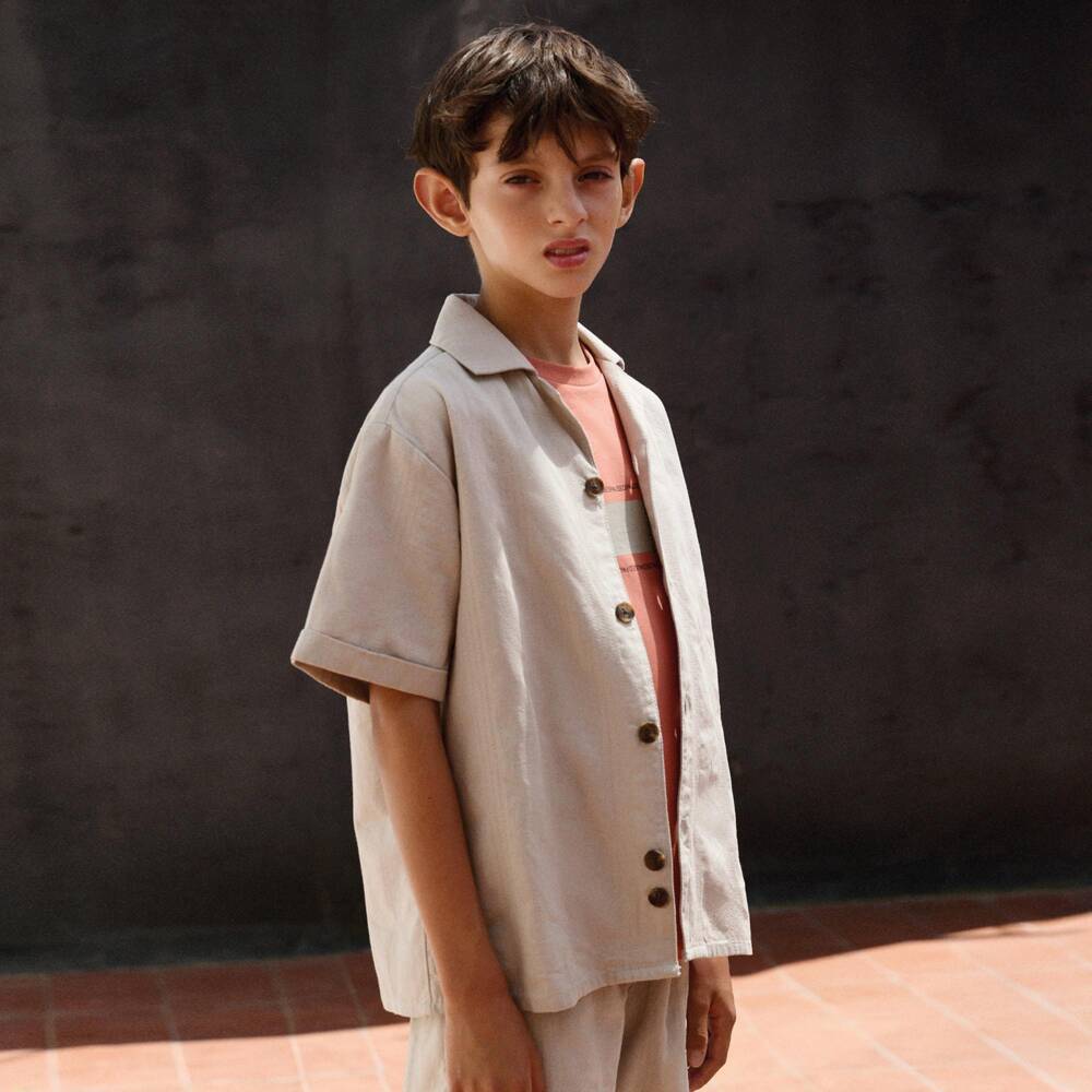 Mayoral Nukutavake-Beige Linen Mix Ss Shirt | Childrensalon Outlet