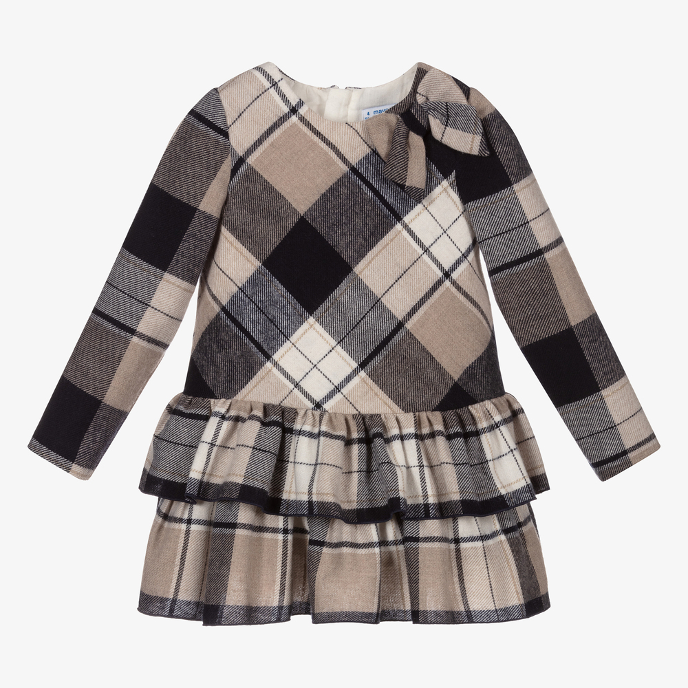 Mayoral - Beige & Navy Blue Tartan Dress | Childrensalon