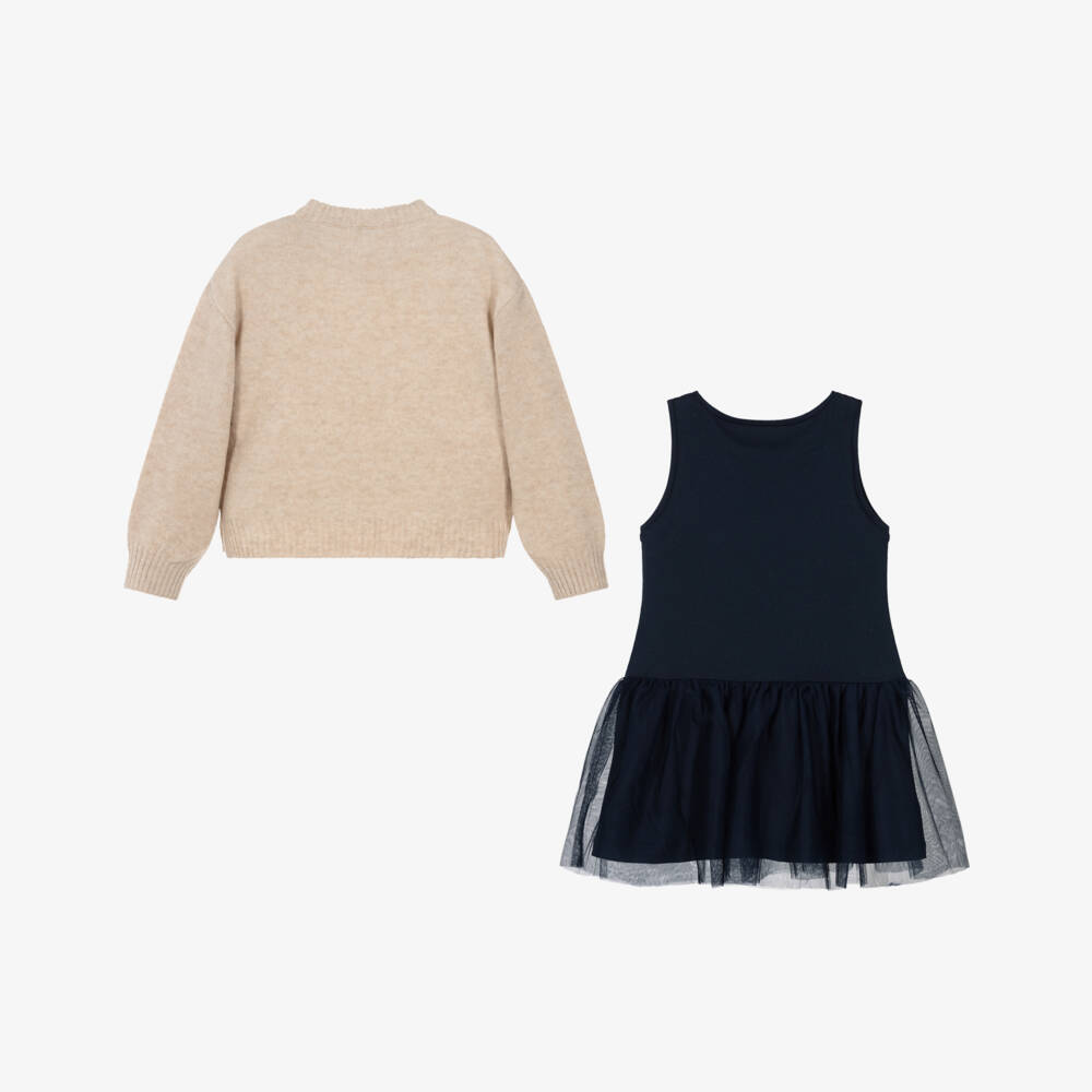 Mayoral-Beige & Navy Dress Set | Childrensalon Outlet