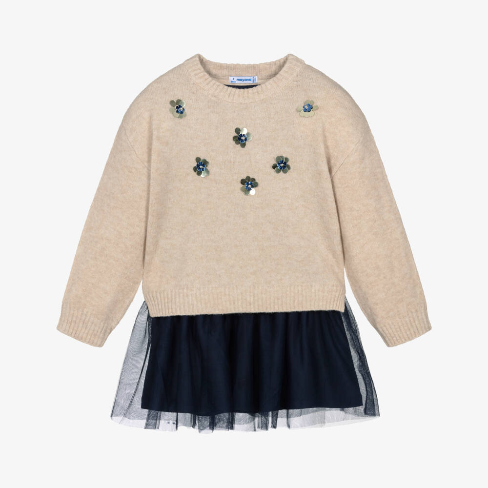 Mayoral-Beige & Navy Dress Set | Childrensalon Outlet