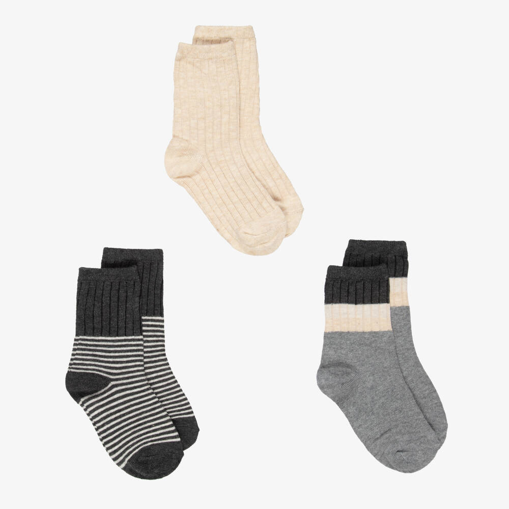 Mayoral-Beige Ribbed & Grey Striped Socks (3 Pack) | Childrensalon Outlet