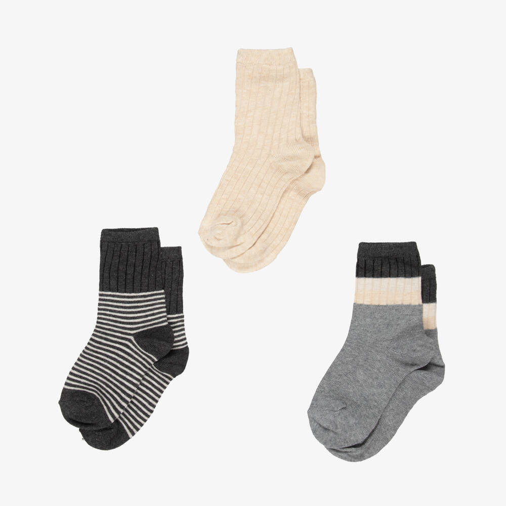 Mayoral-Beige Ribbed & Grey Striped Socks (3 Pack) | Childrensalon Outlet
