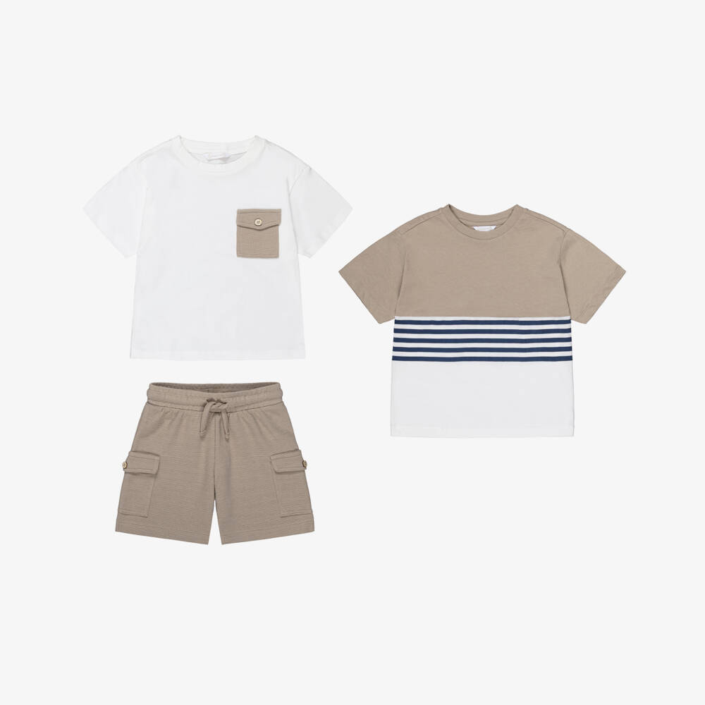Mayoral-Beige Stripe 3pc Shorts Set | Childrensalon Outlet