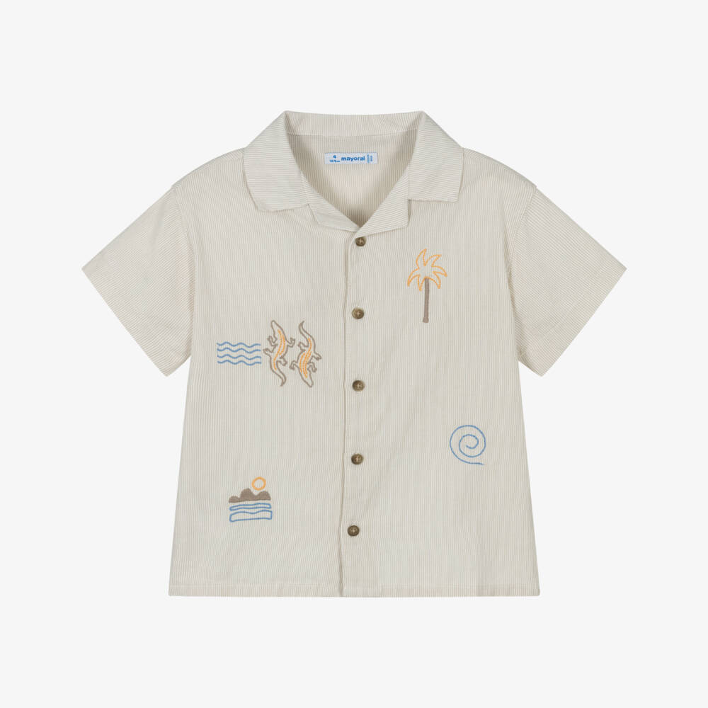 Mayoral-Beige Stripe Holiday Shirt | Childrensalon Outlet