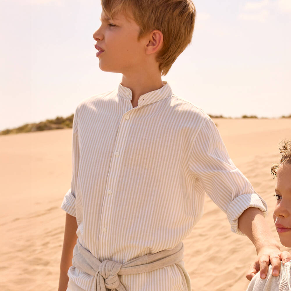 Mayoral Nukutavake-Beige Stripe Linen Mix Shirt | Childrensalon Outlet