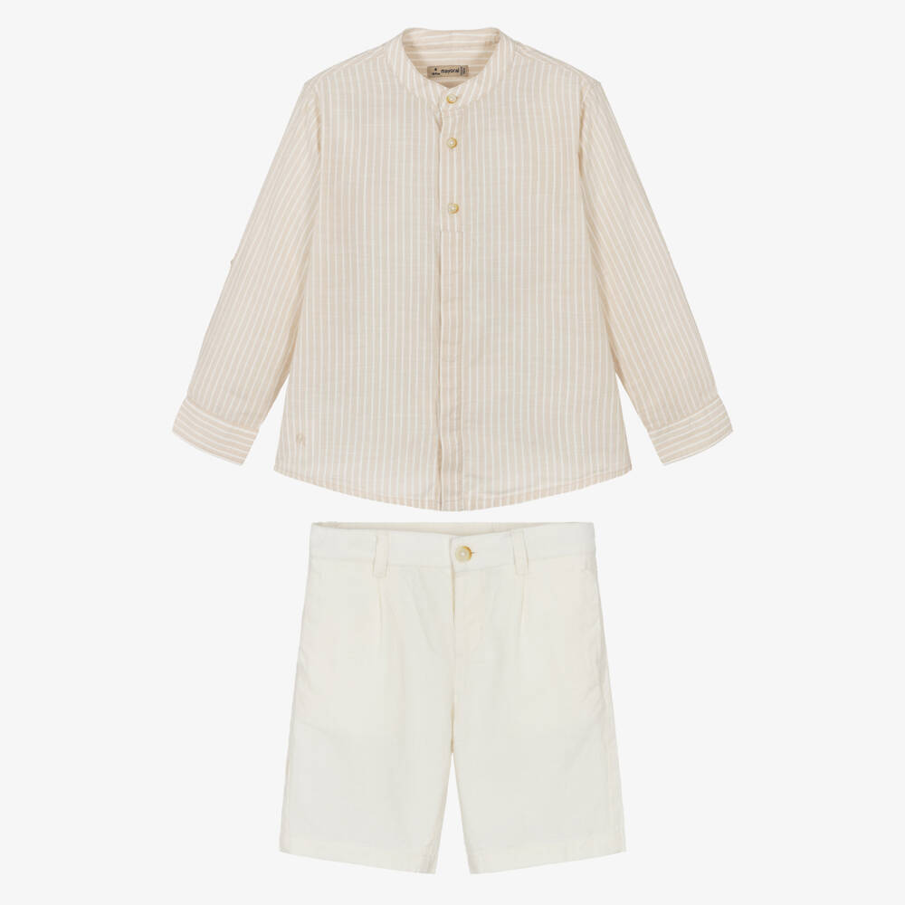 Mayoral-Beige Stripe Linen Shorts Set | Childrensalon Outlet