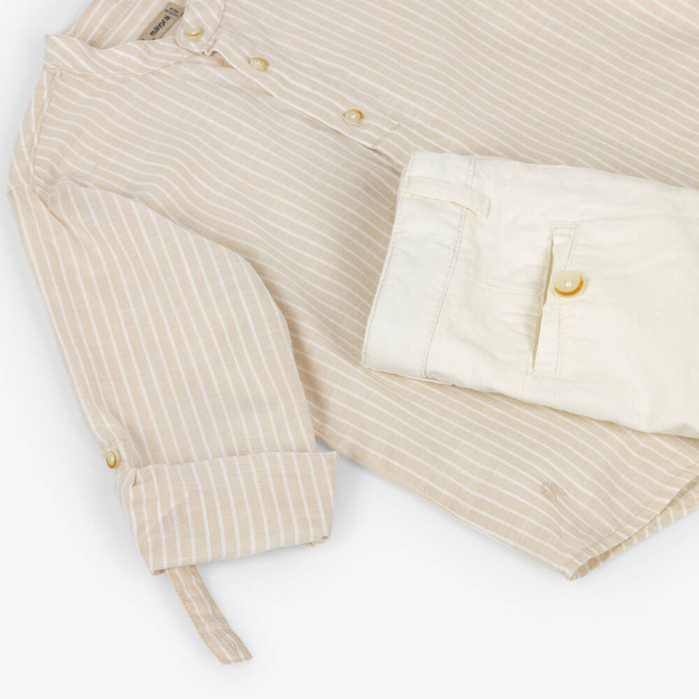 Mayoral-Beige Stripe Linen Shorts Set | Childrensalon Outlet