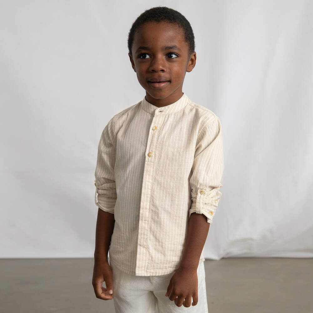 Mayoral-Beige Stripe Linen Shorts Set | Childrensalon Outlet
