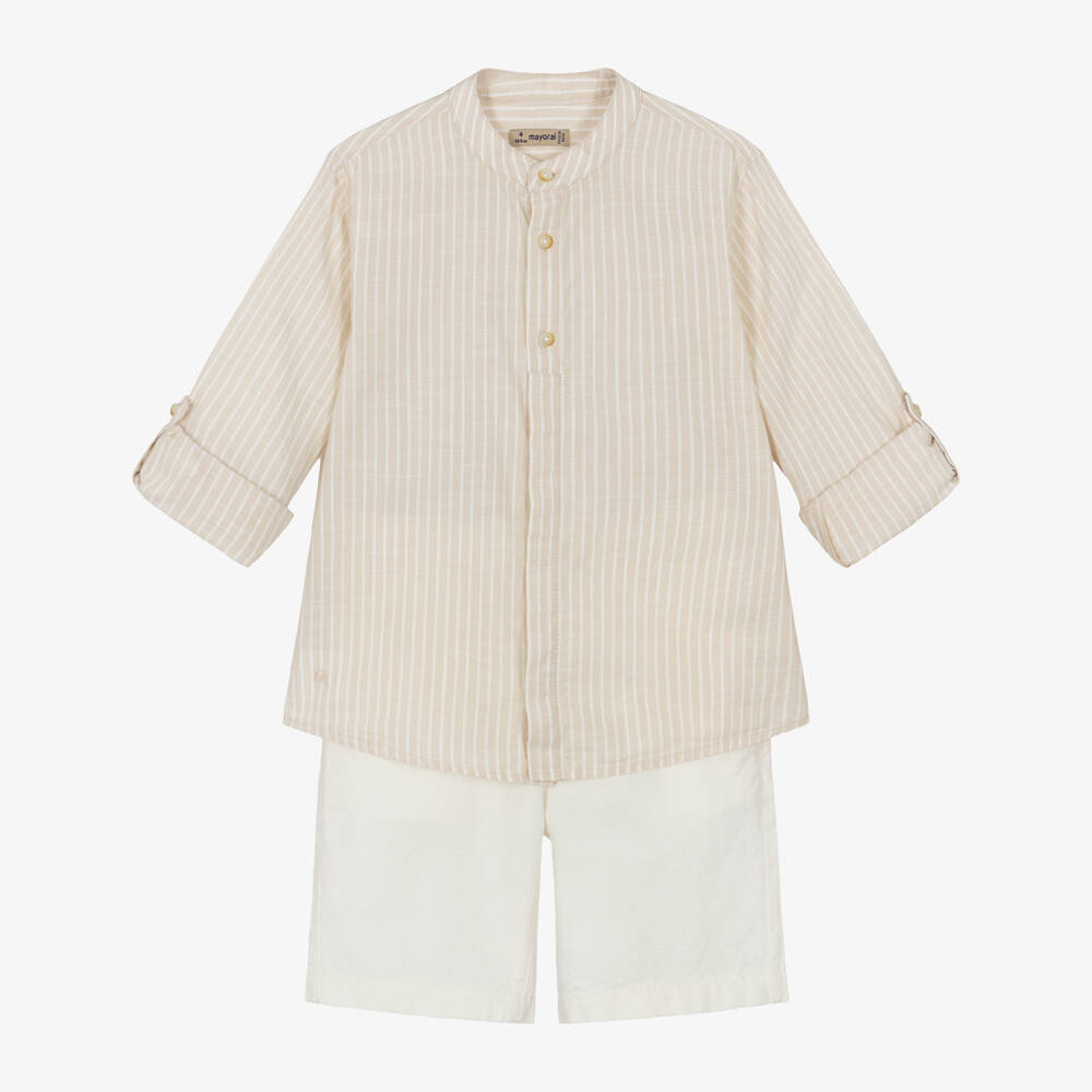Mayoral-Beige Stripe Linen Shorts Set | Childrensalon Outlet