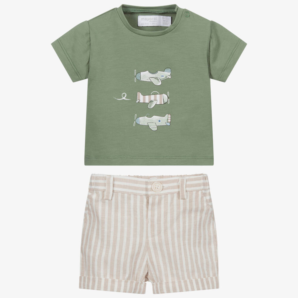 Mayoral Newborn-Beige Striped Linen Shorts Set | Childrensalon Outlet