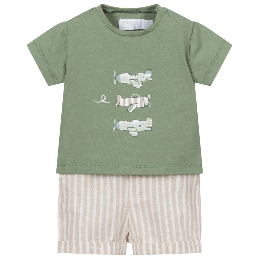 Mayoral Newborn - Комплект с бежевыми льняными шортами в полоску | Childrensalon