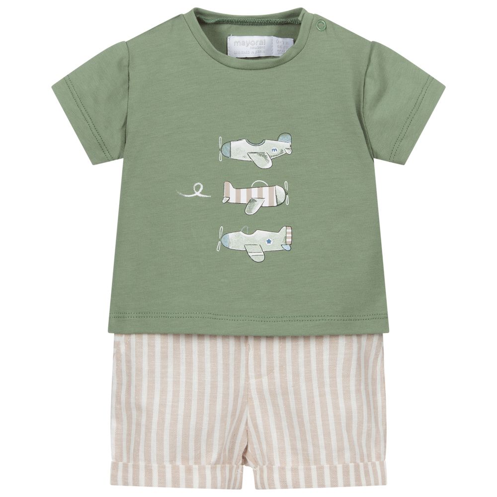 Mayoral Newborn - Ensemble short rayé beige en lin | Childrensalon