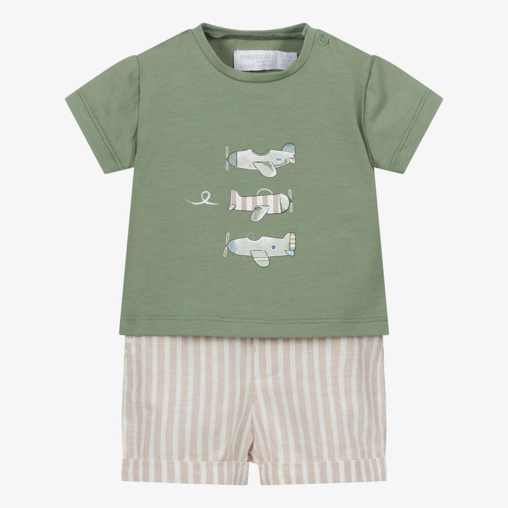 Mayoral Newborn-شورت مزيج كتّان وتيشيرت قطن جيرسي لون بيج وأخضر | Childrensalon Outlet