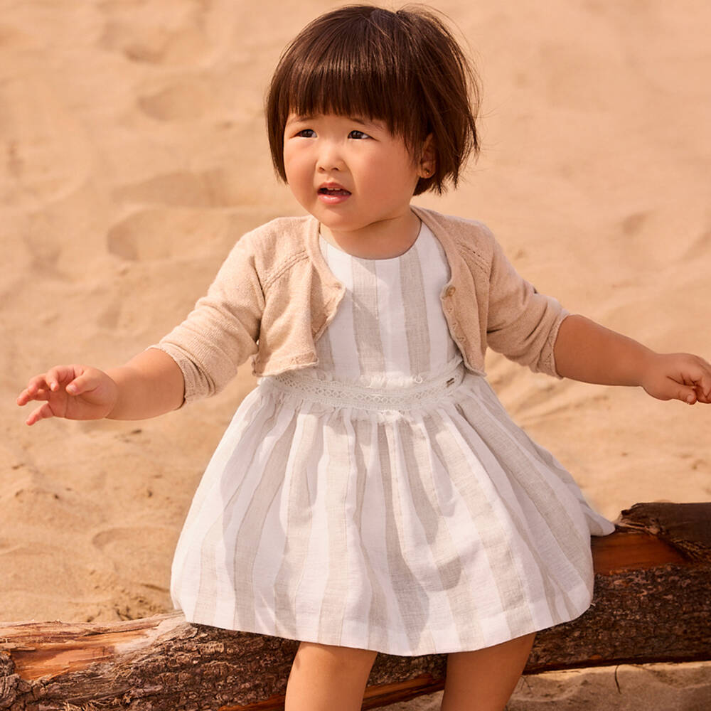 Mayoral-Beige Striped Ss Dress | Childrensalon Outlet