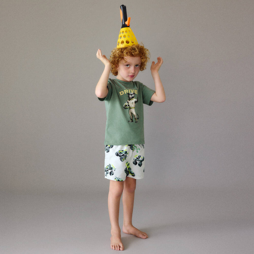 Mayoral-Beige & Yellow Truck Print Shorts | Childrensalon Outlet