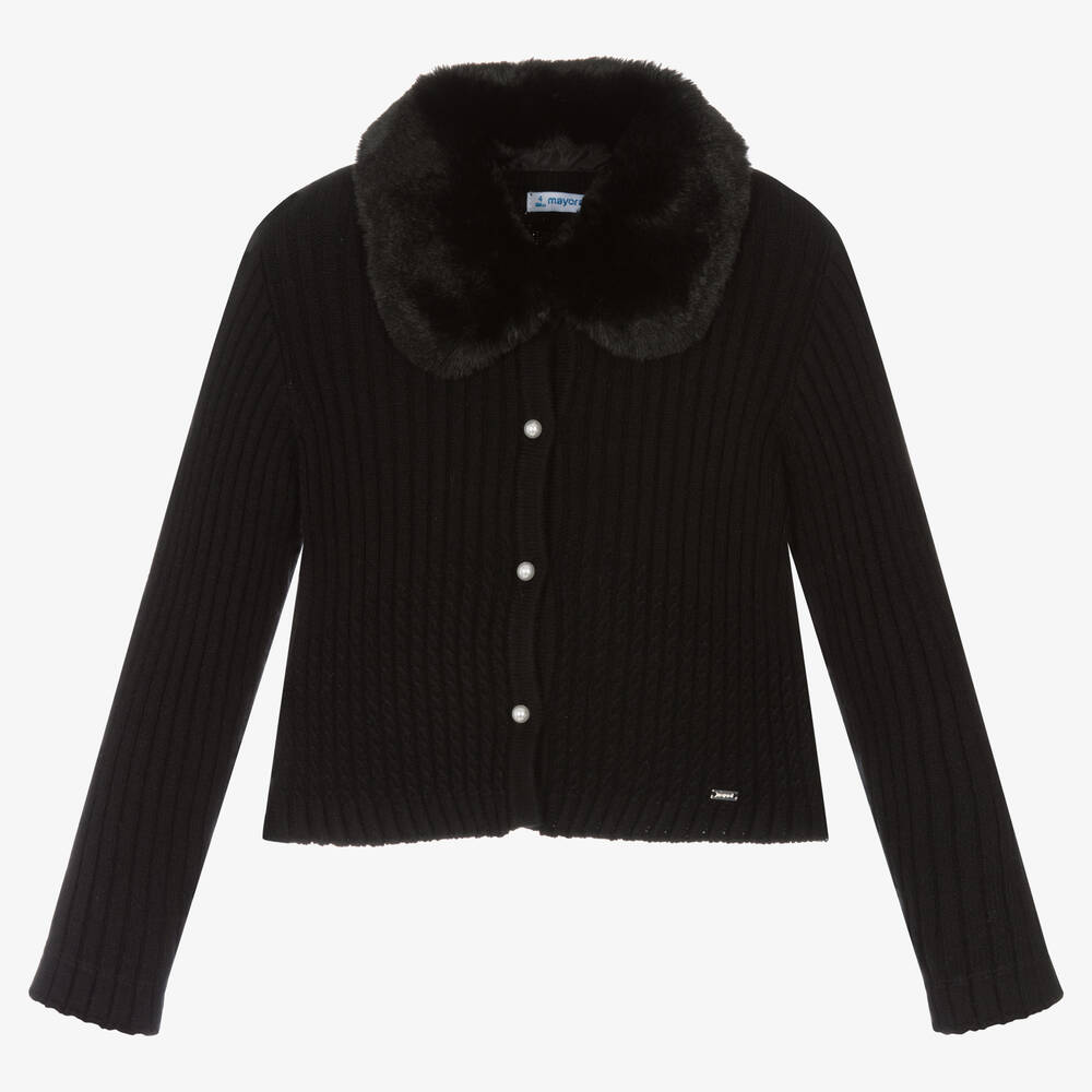 Mayoral-Black Fur Trimmed Cardigan  | Childrensalon Outlet