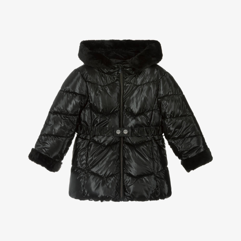 Mayoral-Black Quilted Belted Hooded Coat | Childrensalon Outlet
