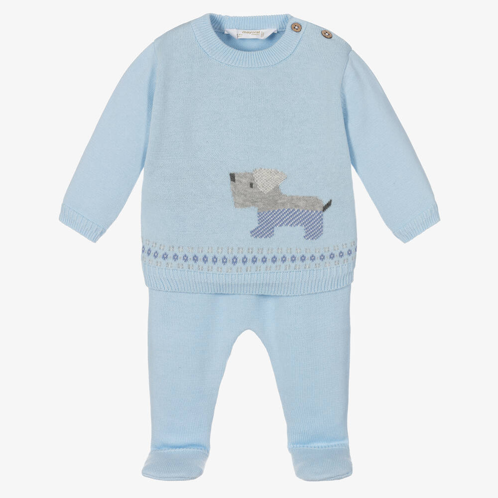 Mayoral Newborn - Blue 2 Piece Knitted Babygrow | Childrensalon
