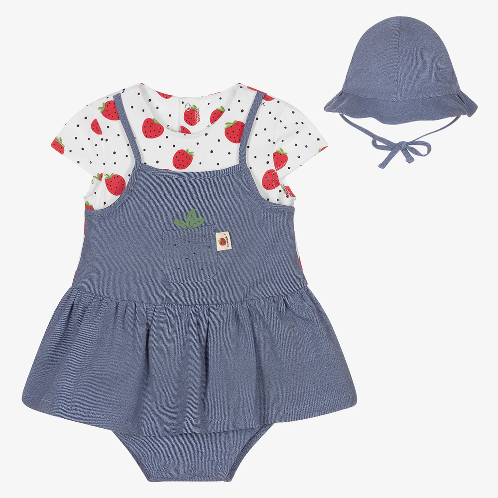 Mayoral Newborn - طقم قبعة وفستان قطن جيرسي لون أزرق وأبيض | Childrensalon