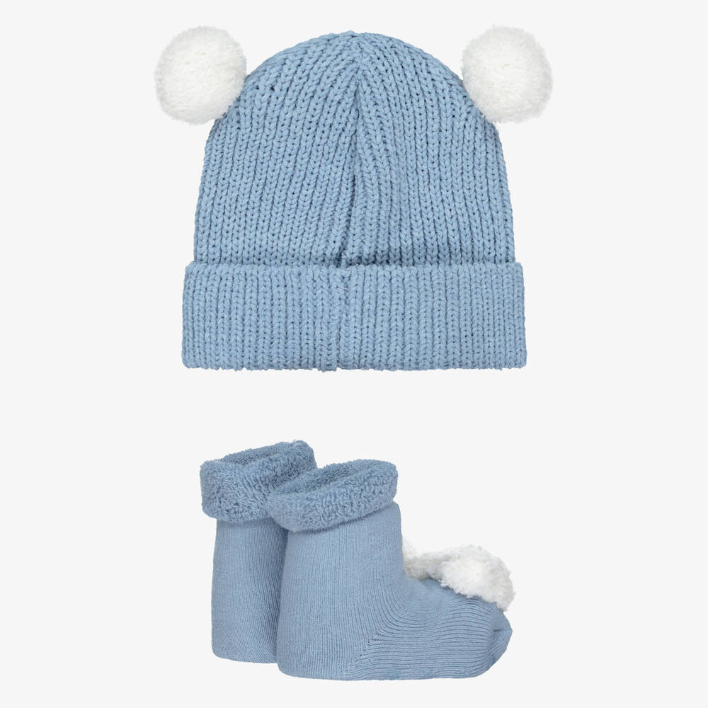 Mayoral Для новорожденных-Pale Blue Knitted Cotton Bear Baby Hat Set | Childrensalon Outlet