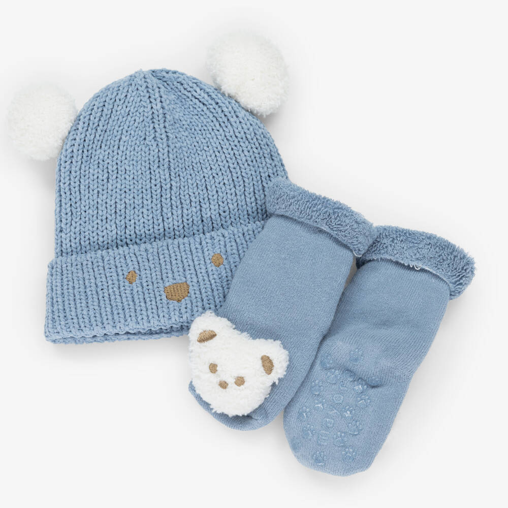 Mayoral Для новорожденных-Pale Blue Knitted Cotton Bear Baby Hat Set | Childrensalon Outlet