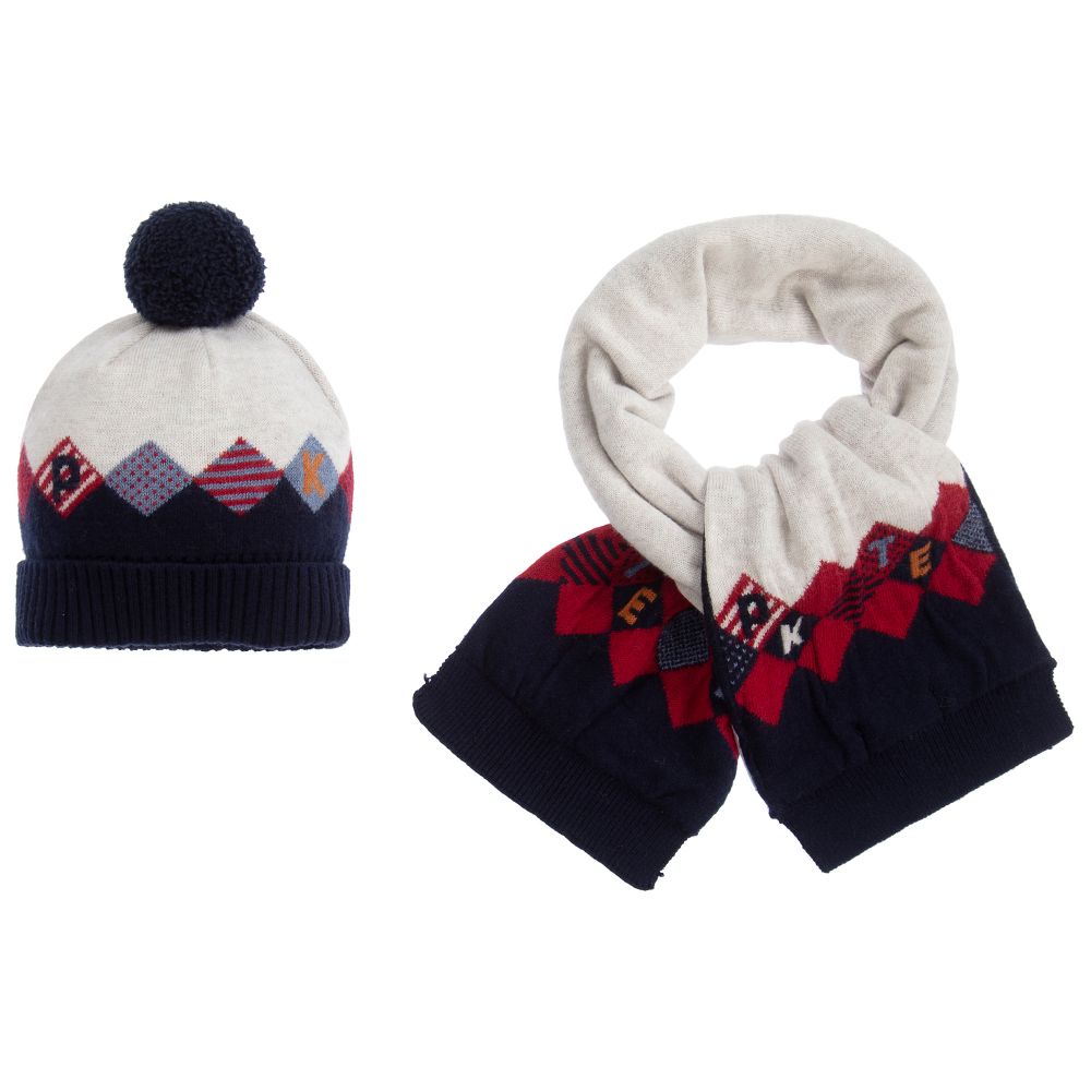 Mayoral - Blue & Beige Knitted Hat Set | Childrensalon
