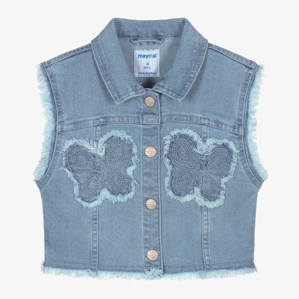 Mayoral-Blue Butterfly Denim Gilet | Childrensalon Outlet