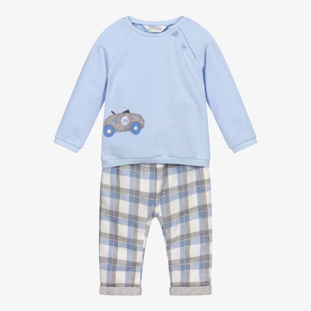 Mayoral Newborn - Blue Car Cotton Trouser Set  | Childrensalon