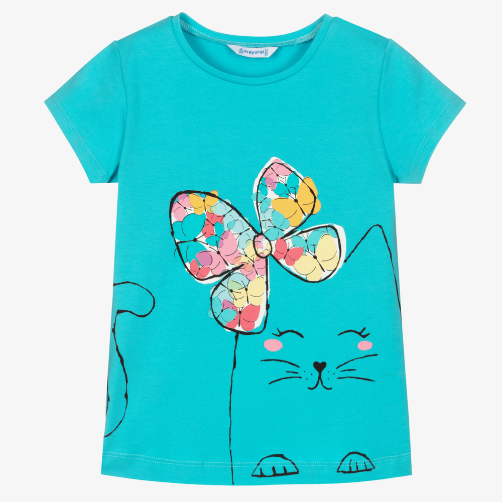 Mayoral - Blaues Katzen-T-Shirt mit Schmetterling | Childrensalon