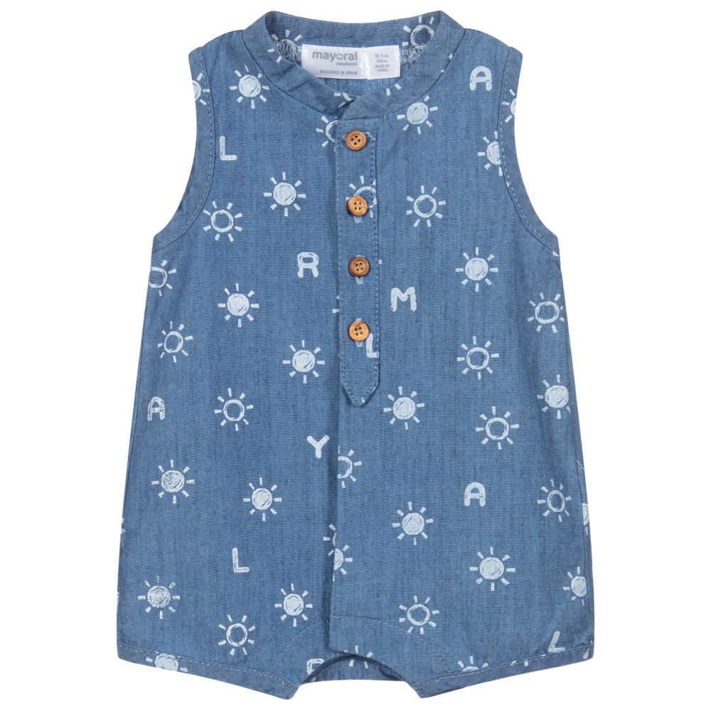 Mayoral Newborn - Blauer Chambray-Kurzstrampler (B) | Childrensalon