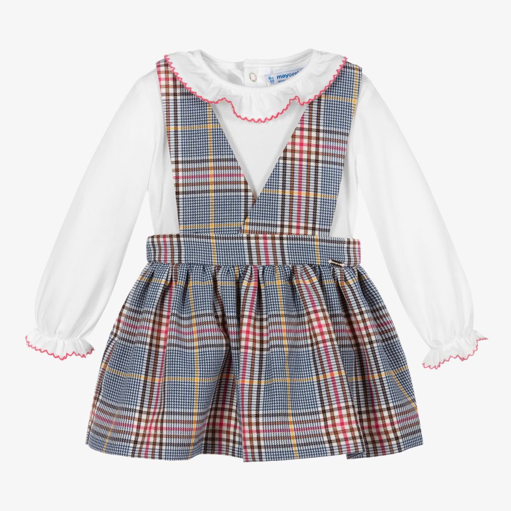 Mayoral - Blue Check Pinafore Dress Set | Childrensalon