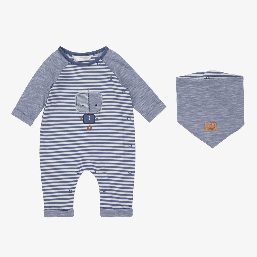 Mayoral Newborn - Blue Cotton Babygrow & Bib Set | Childrensalon