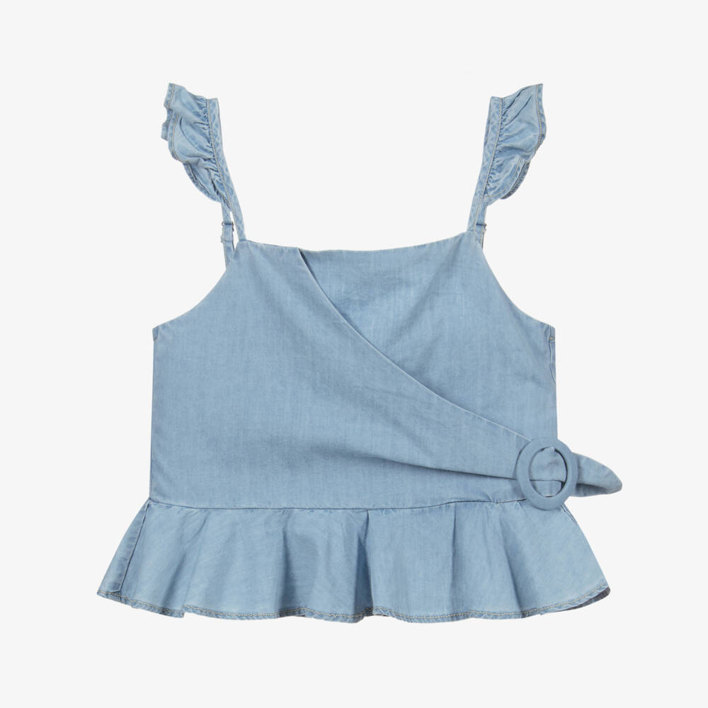 Mayoral-توب قطن شامبري لون أزرق للبنات | Childrensalon Outlet