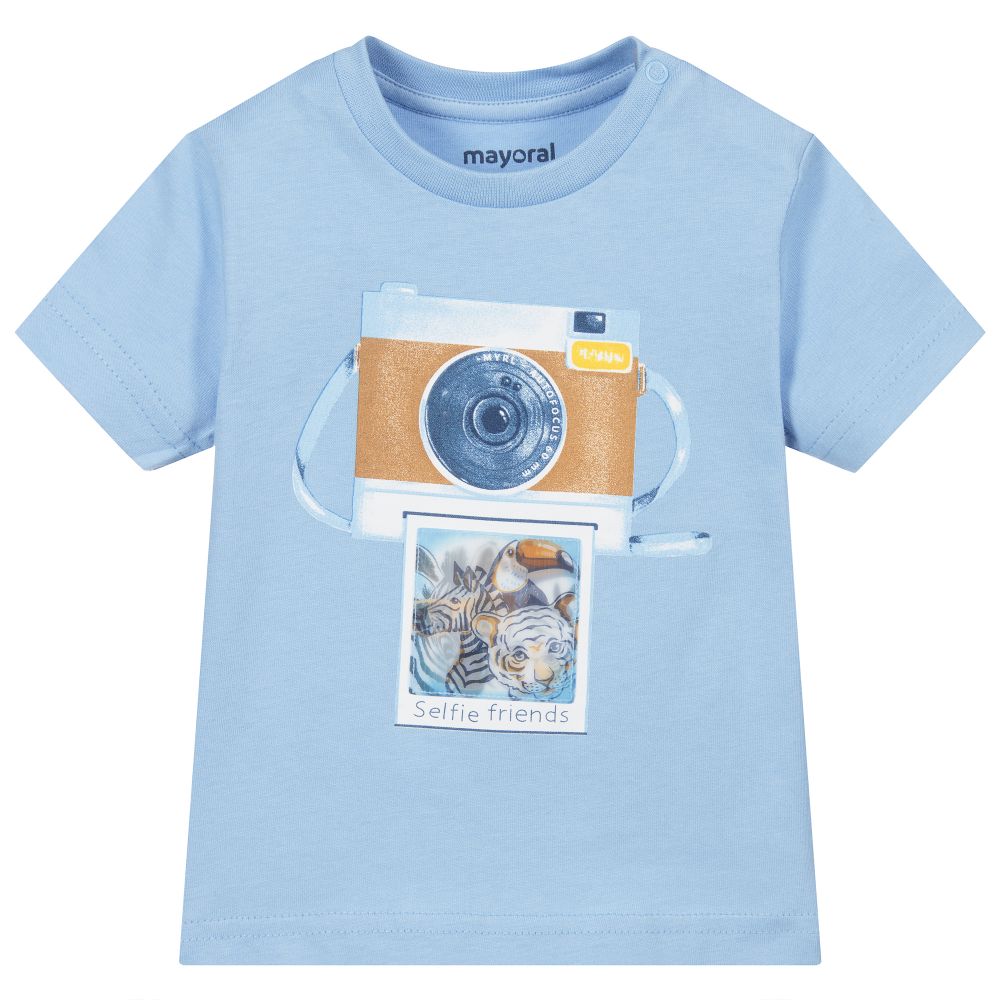 Mayoral - Голубая хлопковая футболка с фотографией | Childrensalon