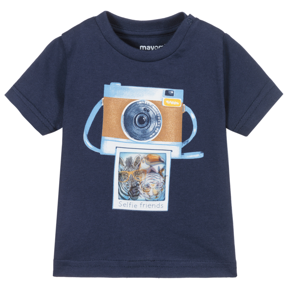 Mayoral - Голубая хлопковая футболка с фотографией | Childrensalon