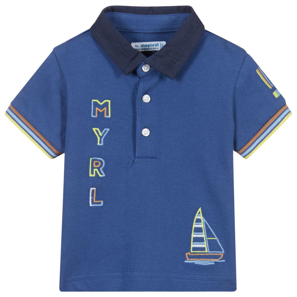 Mayoral-توب بولو أطفال ولادي قطن بيكيه لون أزرق | Childrensalon Outlet