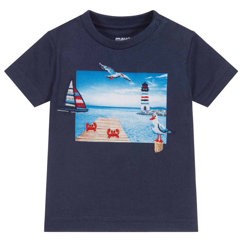 Mayoral - Синяя хлопковая футболка с принтом Seaside | Childrensalon