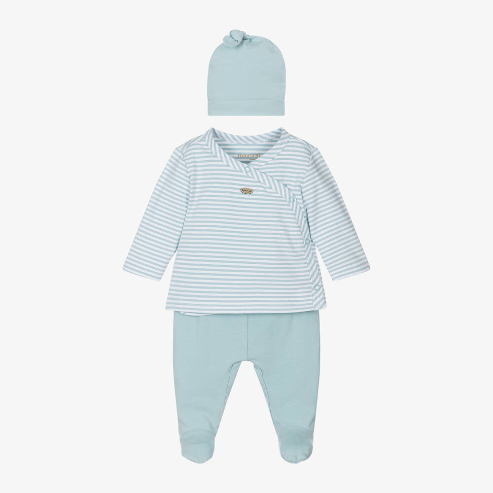 Mayoral Newborn-Blue Cotton Stripe 2 Piece Babygrow Set | Childrensalon Outlet